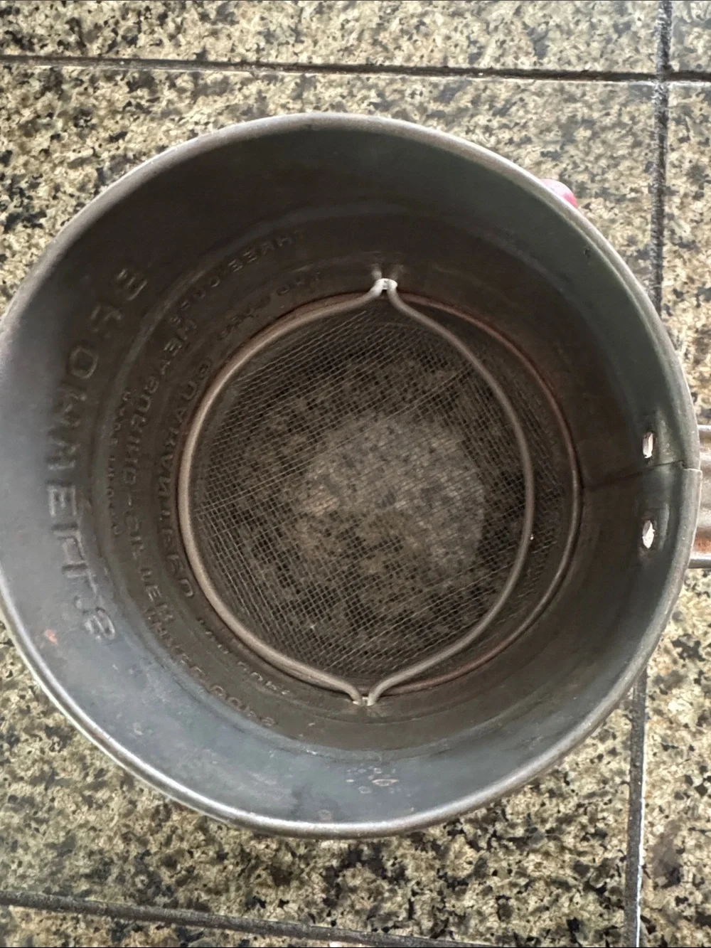 Bromwell’s Vintage Flour Sifter Metal with red wooden handle